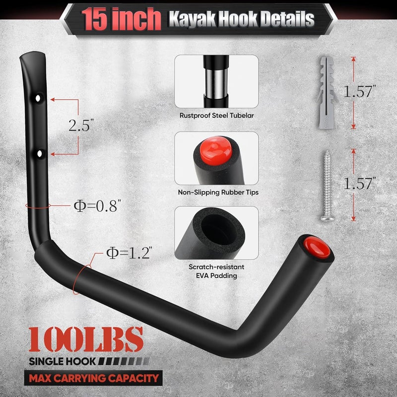 Nacial 10 Pack Garage Hooks Heavy Duty, 15" & 3.5" Kayak Storage Hooks with EVA Pads, 100LBS Capacity Large Garage Hooks for Hanging Bikes, Kayak Folding Chairs and Hanging Ladders - Image 3